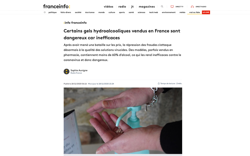 Certains gels hydroalcooliques vendus en France sont dangereux